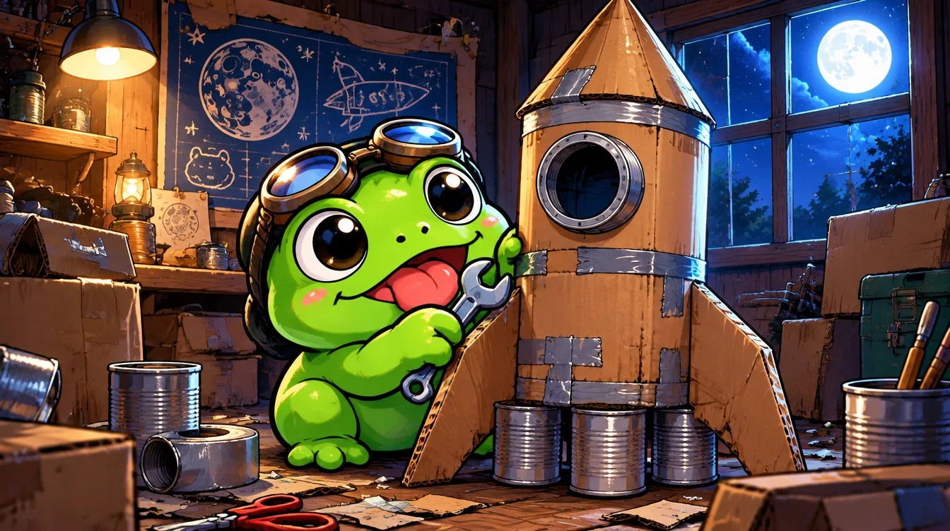 Moonfrog building a cardboard rocket in his shed