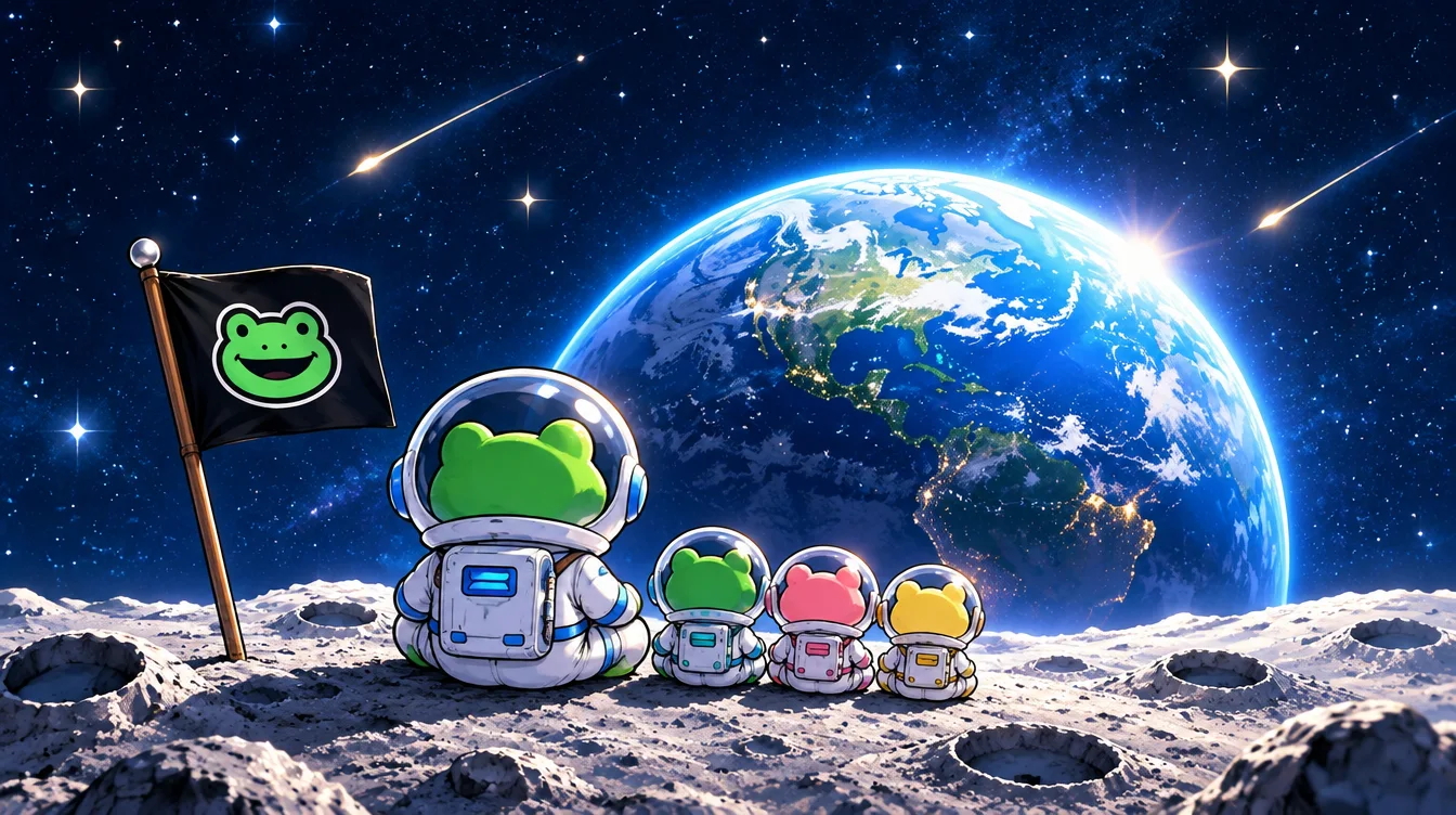 Moonfrog and three tiny frog friends watching Earth rise from the moon