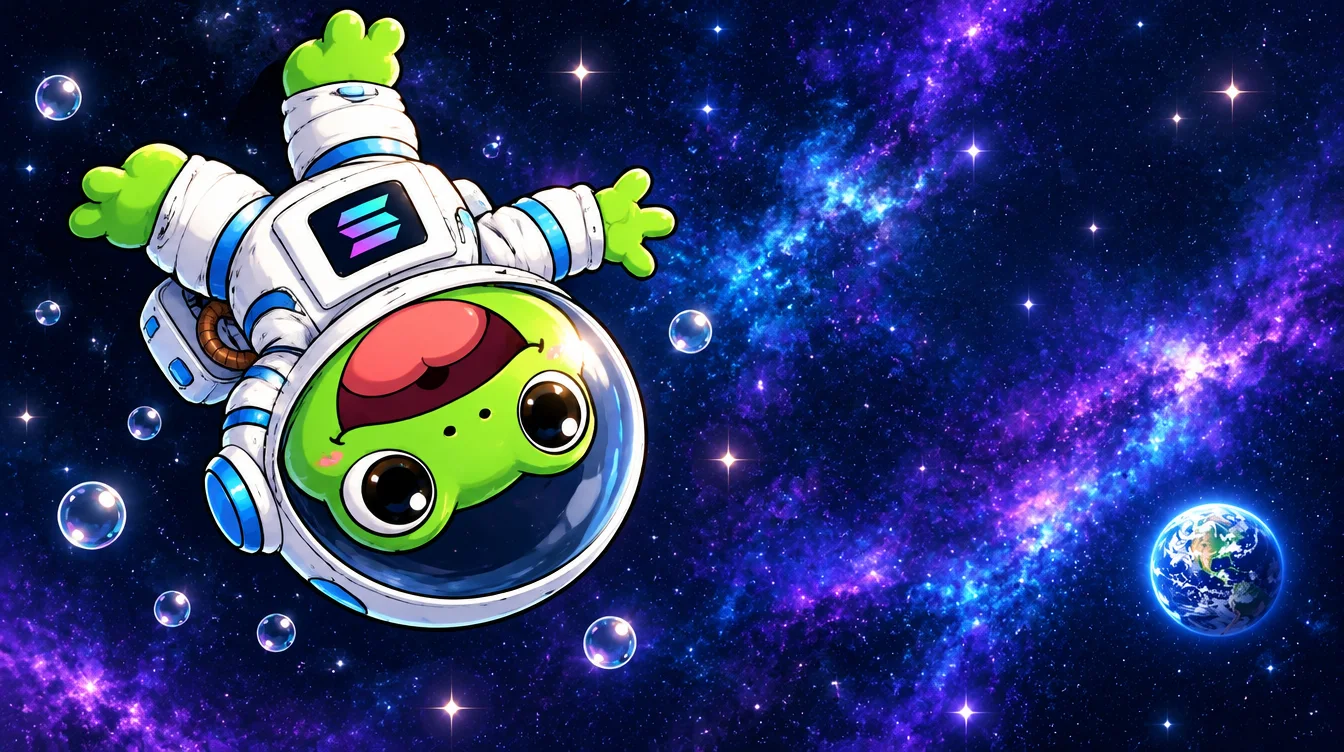 Moonfrog floating upside down in space, laughing