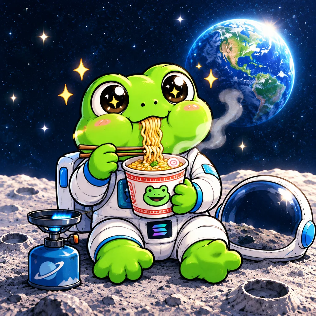 Moonfrog slurping instant noodles on the moon
