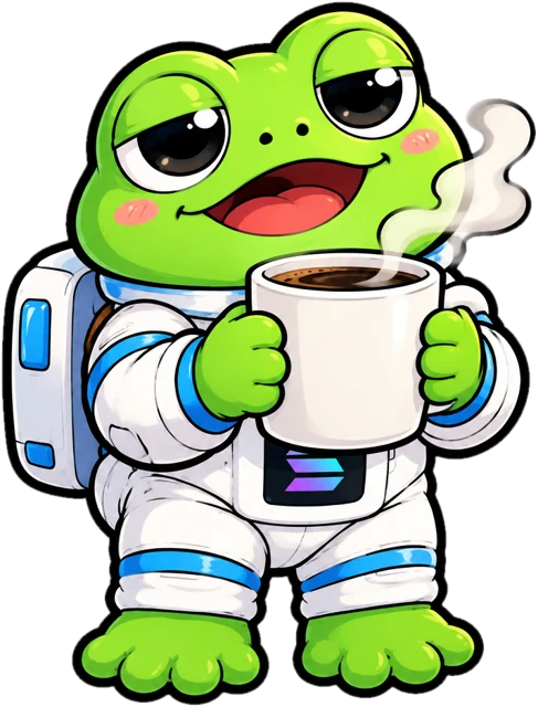 Sleepy Moonfrog holding a coffee mug